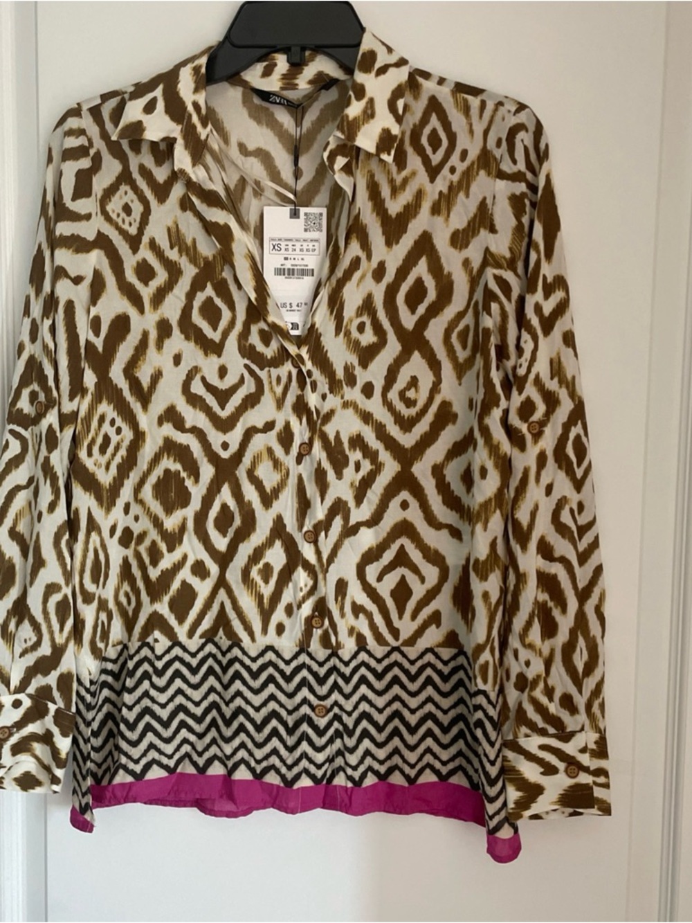 NWT ZARA Women Collared Long Sleeve Border Print Button-Up Shirt SZ XS Brown